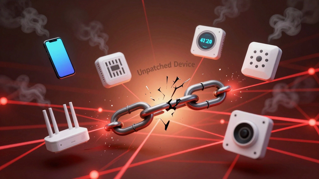 A broken chain link labeled &#039;Unpatched Device&#039; is surrounded by cracking smart devices emitting dark smoke.