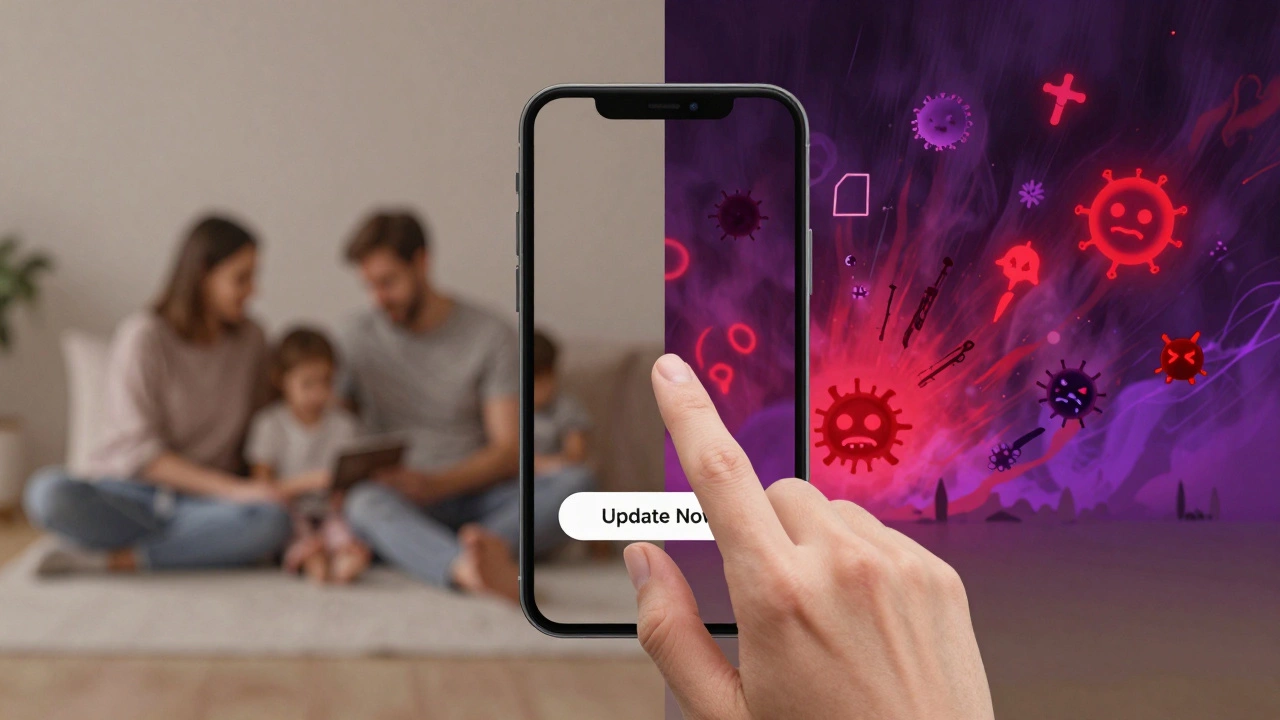 A hand hovers over an update button, with a peaceful scene on one side and digital malware storm on the other.