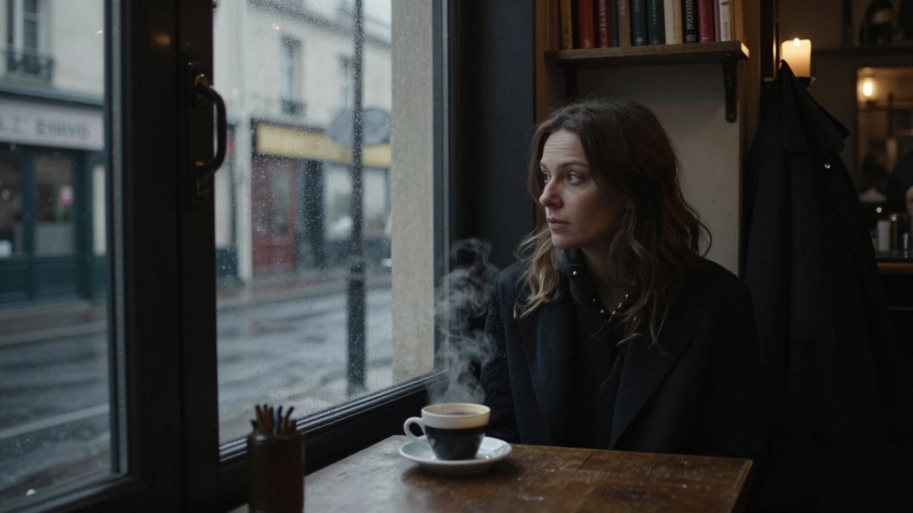 A woman alone in a late-night Paris café, gazing out the rain-streaked window at the empty street.